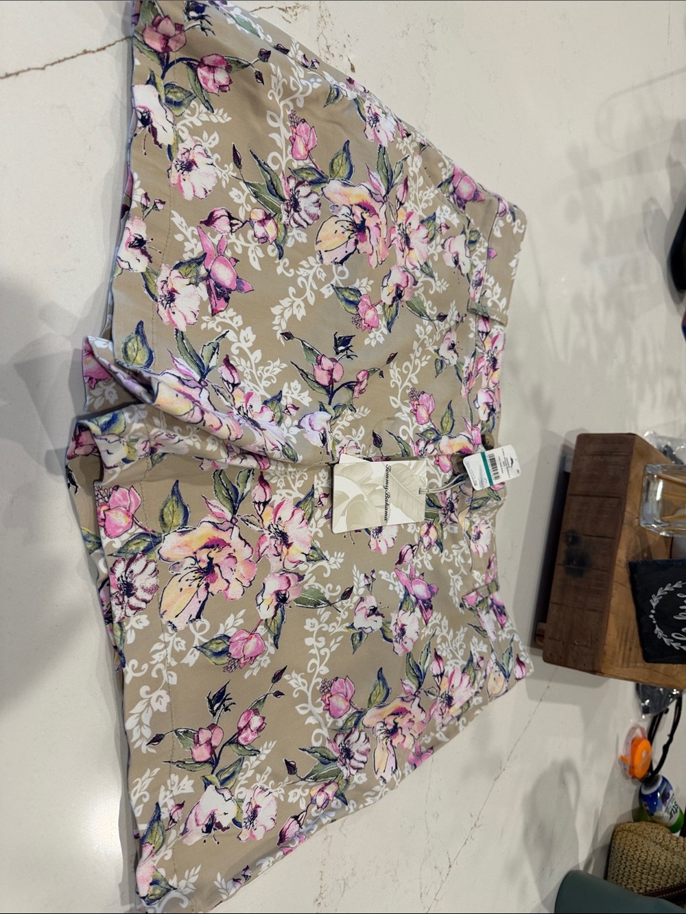 New Tommy Bahama Print Women's Shorts - Beige with Pink Blossoms